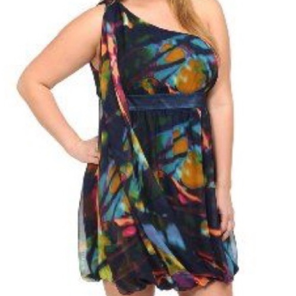 Vintage Torrid pink tag Abstract print drape 1 shoulder bubble dress Sz …